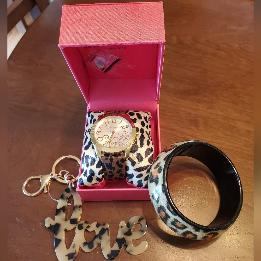 Betsey Johnson Gold Tone & Leopard Band Watch